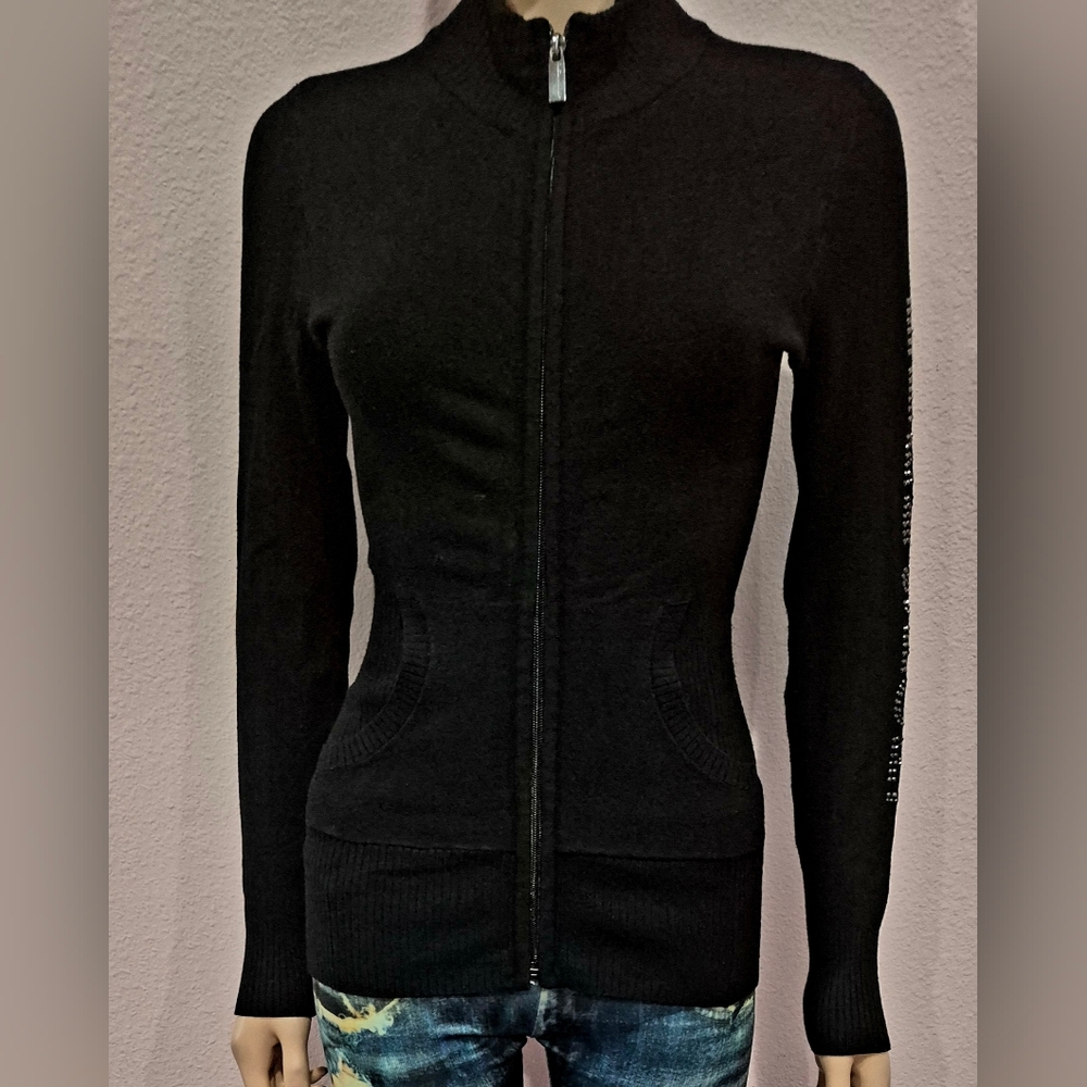 Bebe Sport Studded Logo on Arm Black Zip Up Sweater - XS. - Picture 2 of 6
